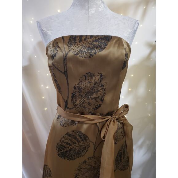 Talbots Vtg 100% Silk Leaf Tie Waist Strapless Dress Womens Size 10 Gold Beige - Picture 5 of 13